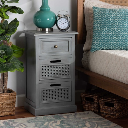 Baxton Studio Sheldon Modern and Contemporary Vintage Grey Finished Wood and Synthetic Rattan 3-Drawer Nightstand 190-11951-ZORO